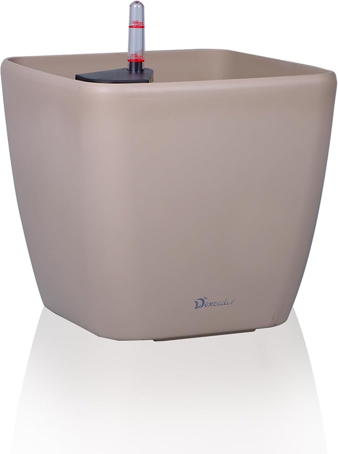 Dexceder 9x8 Self Watering Planter (Taupe Matte) | Inner Mat Design, Thickened Table Flower Plant Pot with Water Level Indicator Indoor Outdoor