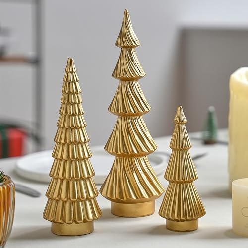 Gold Christmas Tree Decor, Small Resin Christmas Tree Figurines by FESTGLOX