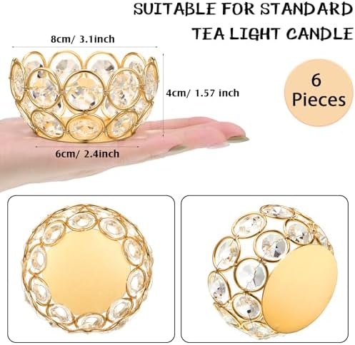 Potchen 6 Pcs Tea Light Candle Holders - Crystal Votive Candle Holders Tealight Jewel Bowl Stands Decorative Centerpiece for Wedding Party Home Table Decor (Gold) - Image 2