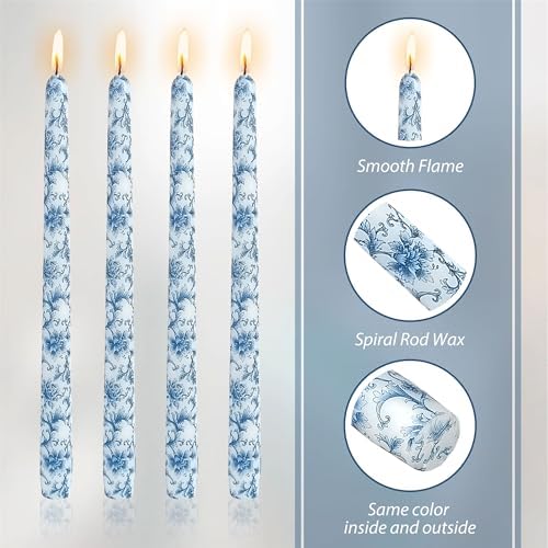 Chinoiserie Blue Floral Taper Candles - 10" Blue White Floral Candlestick Printed Long Flower Dinner Candle Sticks for Mother's Day Wedding Table Centerpiece Home Decor,4 Pack - Image 6