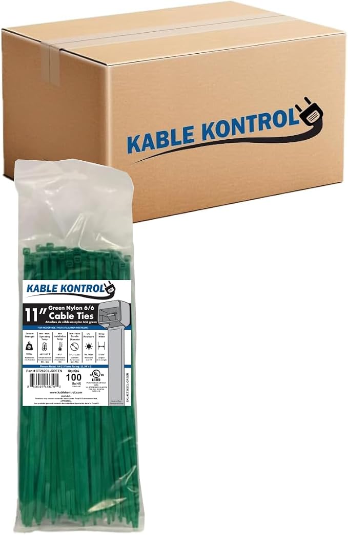 Kable Kontrol Green Zip Ties 11 Inch 8,500 Pcs, 50 Lbs Tensile Strength, Bulk Pack, Self-locking Nylon Colored Cable Ties Wire Wraps for Indoor or Outdoor Use