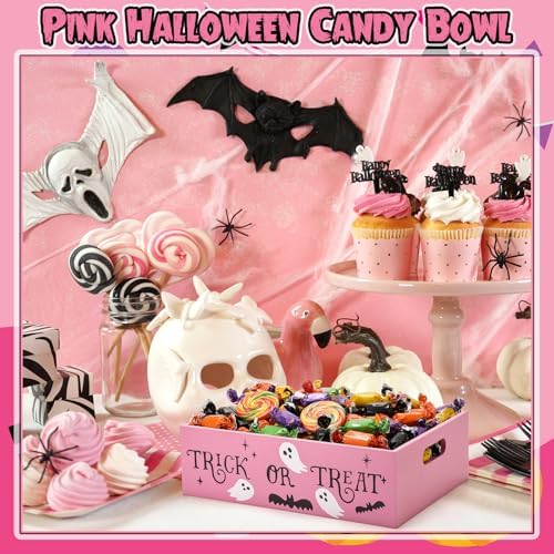 Leinuosen Halloween Candy Bowl Wooden 11.8 In Trick or Treat Pink - Image 3