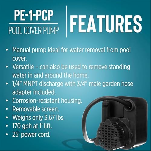 Little Giant PE-1-PCP, 115V, 170 GPH Manual Pool Cover Pump, 25' Cord