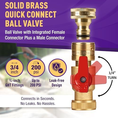 Garden Hose Quick Connect Fittings with Ball Valve. ¾ Inch GHT Solid Brass. - Image 2