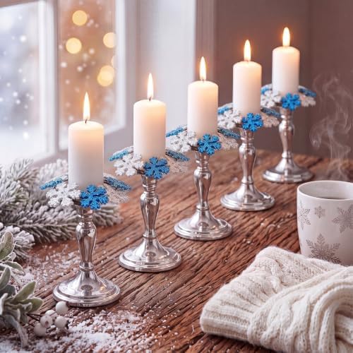 Daifunli 2 Pcs Winter Blue Snowflake Candle Rings Snowflake Wreath Glitter Vintage Wood Wreaths for Taper 1.25 Inch Candles Holder for Winter Christmas Rustic Table Centerpiece Decor by Huiinen