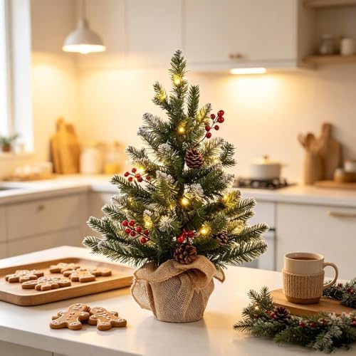 MEETYAMOR 2 FT Mini Christmas Tree, 24" PE Prelit Small Artificial Tabletop Snow Flocked Christmas Trees Decor with 20 Lights Timer, Outdoor Indoor Porch Table Centerpieces Xmas Christmas Decorations - Image 6
