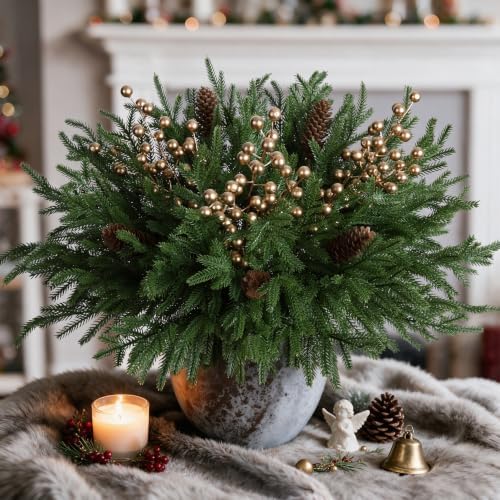 20 PCS Norfolk Pine Stems with Gold Berries Branches and Big Pinecones Stems,19 Inch Christmas Real Touch Artificial DIY Pine Needles,Faux Greenery Picks for Vase Wreaths Garlands Home Décor by HyeFloraartificialflowers