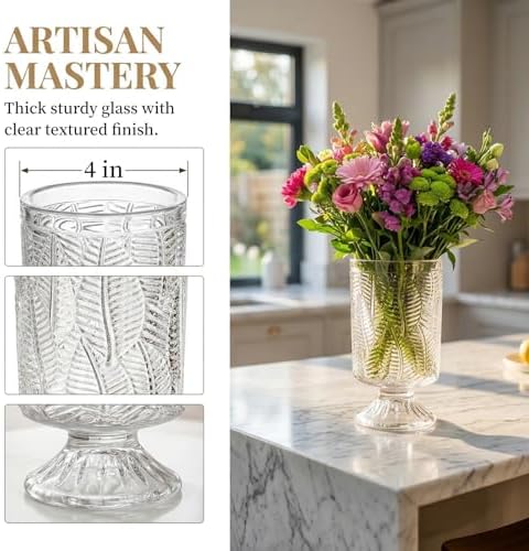 Pumtus 3 Pack Flower Vases for Centerpieces, Vintage Glass Pedestal Vase Set, Decorative Embossed Big Base Vase, Clear Hurricane Candle Holder, Medium Cylinder Vase for Wedding, Home, Party, Office - Image 3