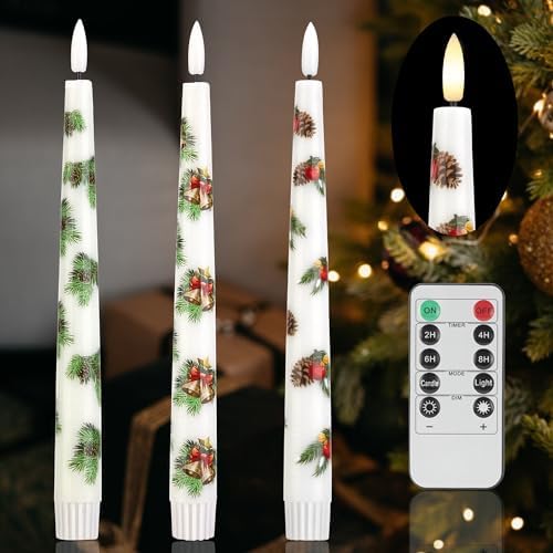 Christmas Flameless Taper Candles with Pine Leaves, Pine Cones, Bells by AFINETH