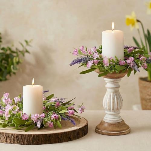 6 PCS Spring Summer Artificial Flowered Wreath Candle Rings Forsythia Lavender Candle Rings Pillar Holder Wreath Mini Floral Candle Rings Wreaths Kitchen Cabinet Swags for Wedding Home Tabletop Decor - Image 5
