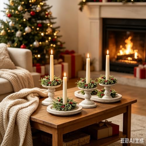 6 Pcs 1.38" Mini Christmas Taper Candle Rings Wreaths Small Artificial with Variegated Holly Leaves Red Berries White Cedar Sprigs Frosted Baby Breath Taper Candle Holder Wreath for Table Candlesticks - Image 7