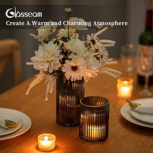 Glasseam Hurricane Glass Candle Holders: 2 Pcs Ribbed Cylinder Grey Vases - Image 3