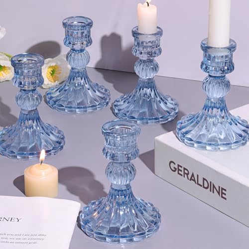 DARJEN 12PCS Blue Candlestick Holders Set- 4" H Taper Candle Holders, Glass Candle Holders Bulk for Wedding, Party, Home Table Centerpieces, Festival Gifts & Windowsill Decor by DARJEN