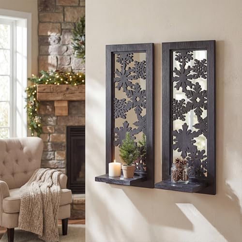 ZEXUIRU 2 Set Rustic Candle Sconces Living Room Bedroom Entryway Wood Mirrored, Farmhouse, Carved Frame Wall-Mount Wooden Candle Holders Wall Decor Hanging Handmade Holder - Black by ZEXUIRU