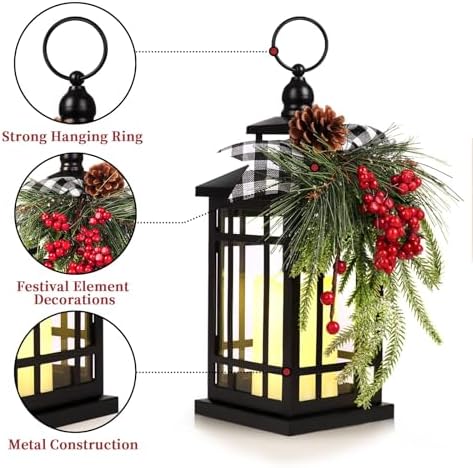 Metal Christmas Vintage Candle Lanterns with Remote Control and Led Light, Plaid Ribbon Decorative Hanging Lantern for Indoor Outdoor Xmas Porch Decorations Party Gift,WOKEISE - Image 4