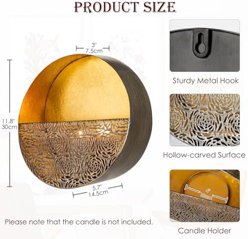 Luxury Metal Wall Candle Sconces – Large Handcrafted Wall-Mounted Tealight Candle Holders with Gold Leaf Interior – Modern & Rustic Home Décor for Living Room, Hallway – 11.8" Bronze Single Piece - Image 2