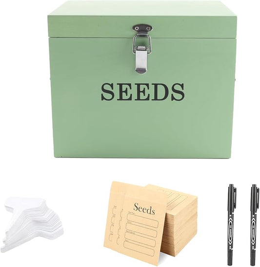 Wooden Seed Storage Organizer with 2 Dividers, Seed Saving Box with Lid and Handle, 50 Envelopes, 20 Plant Labels and 2 Pens for Garden Seeds