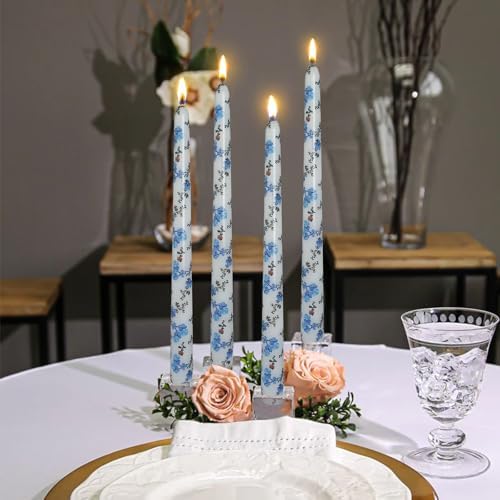 Print Taper Candles-Blue Floral Blend Pattern Unscented Candle Long 10-inch Flower Tapered Candlesticks for Family Gatherings Weddings Restaurant Holiday Decorations Set of 4 - Image 4