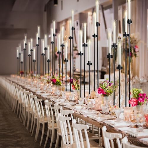 39.8''Matte Black Candle Holder with Acrylic Shades Tall 5 Arm Candelabra Black Table Centerpiece 8PCS for Wedding Living Dining Room Fireplace Decoration Fit 0.98''LED Taper Candle - Image 3