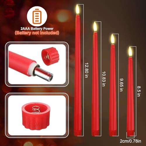 Rossesay 24 Pcs Flameless LED Taper Candles Battery Operated Candle 8.5", 9.65", 10.8", 12.8" Flameless Candlesticks Flickering for Christmas Church Wedding Indoor Decoration(Classic, Red) - Image 3
