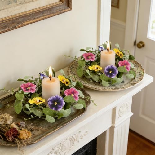 4 PCS Mini Spring Summer Kitchen Cabinet Wreaths Small Pansy Flowers Wreath for Front Door with Fern Branches Ribbon Small Flocked Lamb Ear Leaves Wreath for Indoor Outdoor Farmhouse Porch Wall Decor - Image 3