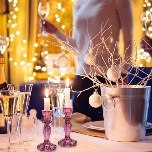 Glass Candle Holders, 2PCS Wide Base Candlestick Holder Decorative Candle Stand Table Centerpieces for Halloween Christmas Wedding Birthday Party, Dark Purple - Image 4