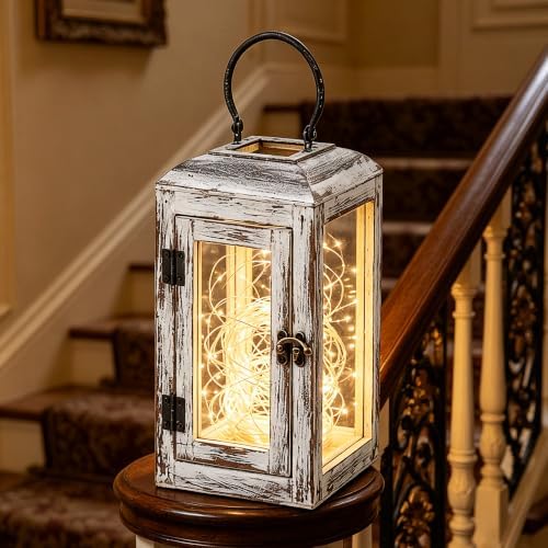 11" High Wooden Lantern Made of Solid Firwood in Whitwash with Metal Handle,Hurricane Lantern, Farmhouse Lantern for Party, Deck, Front Porch - Image 4
