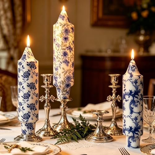 NJAO HOO Floral Taper Candles 5 Inch Short Candlesticks Hand Printed Blue and White Candlesticks Unscented Tapered Candle Set for Spring Home Garden Decor, 4Pcs Mix - Image 3