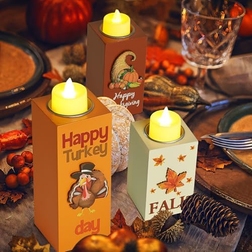 BlcTec Thanksgiving Decorations for Home 3 PCS Wood Candle Holders with LED Tea Lights & 3D Carving Craft, Rustic Candle Centerpieces for Home, Table, Office, Tiered Tray Fall Decor Thanksgiving Decor - Image 4