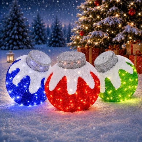 3 Pcs Outdoor Christmas Ornaments, Lighted Pop-Up Holiday Ball Decoration with 240 LED Lights, 8 Light Functions, Lighted Collapsible Christmas Outdoor Decorations for Yard, Patio, Home by TNGAN