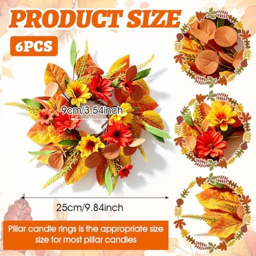 6 PCS Fall Candle Ring Wreaths Artificial Fall Daisy Sunflower Autumn Floar Candle Holder Rings with Maple Leaves Eucalyptus Mini Thanksgiving Wreath for Cabinets Farmhouse Table Centerpiece Decor - Image 4