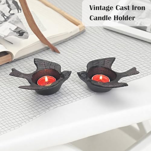 Small Cast Iron Candle Holder, Set of 2, Small Handmade Vintage Tea Light Candlestick Holders, Rustic Candle Holder, Farmhouse Candle Stand for Fireplace Shelf Home Decor (Bird Pattern) - Image 3