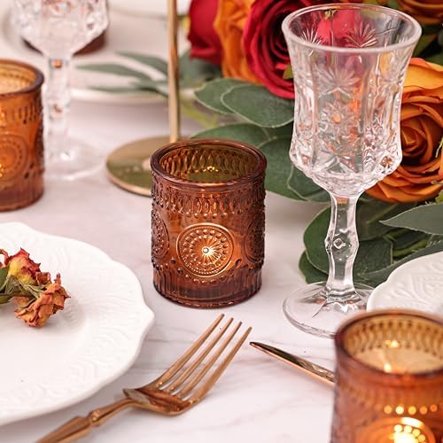 DEVI 24pcs Vintage Amber Votive Candle Holders, Amber Glass Tea Lights Candle Holder for Baby Shower, Boho Wedding Decorations, Vintage Boho Party Home Fall Centerpieces Table Decoration - Image 3