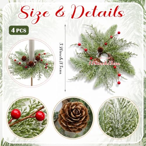 4 PCS 1.38" Mini Christmas Pine Taper Candle Rings Holder Wreaths - Image 3
