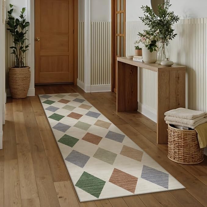 2x8 Washable Runner Rug Kitchen Colorful Non Slip Checkered Carpet | Soft, Low Pile, Easy Clean, Diamond Pattern for Hallway, Entryway, Laundry Room, Bathroom, Modern Neutral Decor