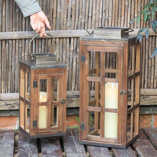Large Farmhouse Wooden Metal Lantern Set of 2, 28''/20'' H Rustic Decorative Indoor & Outdoor Hanging Candle Lanterns, Wooden Outdoor Lanterns for Patio Front Porch Table, Dark Brown - Image 7