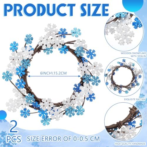 Daifunli 2 Pcs Winter Blue Snowflake Candle Rings Snowflake Wreath Glitter Vintage Wood Wreaths for Pillar 6 Inch Candles Holder for Winter Christmas Rustic Table Centerpiece Decor - Image 2