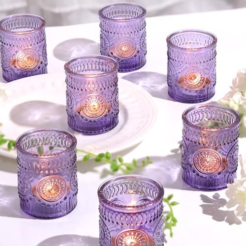 24pcs Purple Votive Candle Holders for Table Centerpieces, Glass Tea Lights Candle Holder for Bridal Shower, Baby Shower Decrations, Boho Tea Party Purple Decor, Gifts for Women by DEVI
