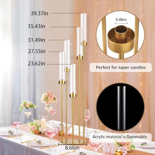5 Arm Candelabra with Acrylic Lampshade Set of 4 Gold Candelabra for Wedding Table Birthday Party Home Decoration 39.4'' Candle Holder Fit LED Taper Candles - Image 3