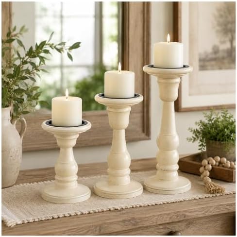 Wooden Pillar Candle Holders, White Antique, 10/8/6", Set of 3 by TheWoodify