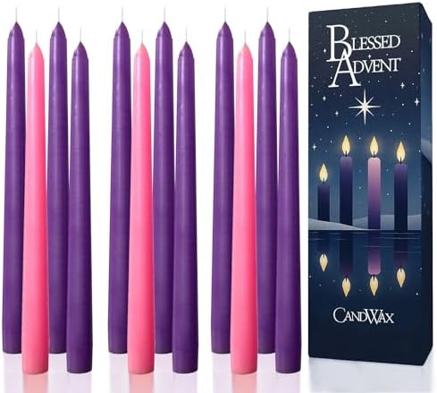 CANDWAX 10 Inch Advent Taper Candles Set of 12 - Long Burning Dripless Unscented Tapers - Perfect for Advent Wreaths, Christmas Décor - 9 Purple Tapers, 3 Pink Tapered Candles by CANDWAX