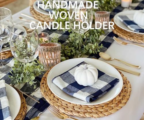 Wicker Rattan Woven Tea Light Candle Holder Set of 2, Handcraft Woven Votive Candle Holder, Rustic Vintage Seagrass Glass Votive Candle Holders for Dining Table Christmas Decoration - Image 4