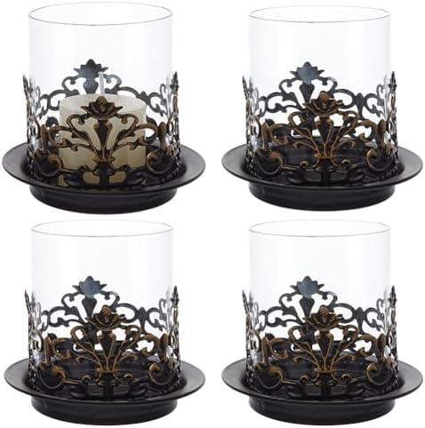 4PCS Vintage Gothic Hurricane Glass Candle Holders, Metal Base Candlestick Holders Wedding Centerpieces for Tables, Pillar Candle Holder for Versatile Decor in Formal and Everyday Settings by BEUNITONE