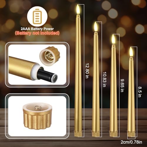 Rossesay 24 Pcs Flameless LED Taper Candles Battery Operated Candle 8.5", 9.65", 10.8", 12.8" Flameless Candlesticks Flickering for Christmas Church Wedding Indoor Decoration(Classic, Golden) - Image 2