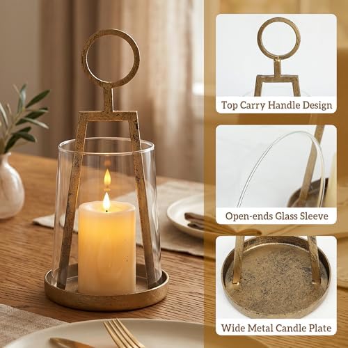 Small Farmhouse Hurricane Candle Holder (4.3" W x 9.2" H), Antique Brass - Image 3