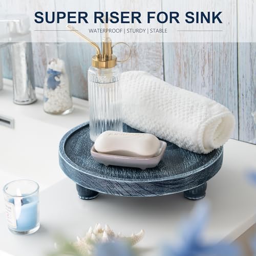 EOSAHR Round Wood Riser for Kitchen Counter, Bathroom Decorative Tray, Blue - Image 5