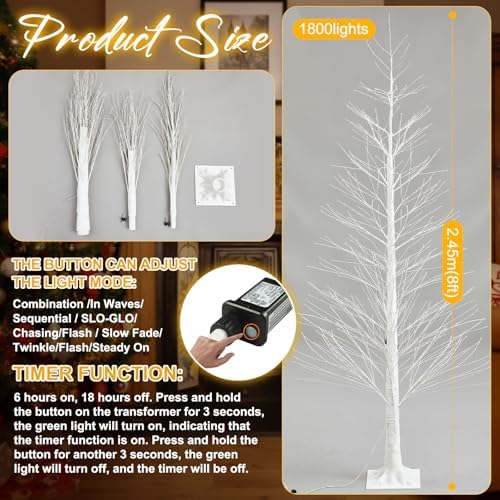 Rossesay 1 Pack 8ft-1800led Christmas Lighted Birch Tree Warm White Lights - Image 2