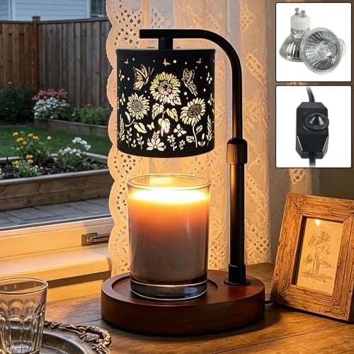 Candle Warmer Lamp,Candle Warmer,Wax Melt Warmer,Birthday Gifts for Women Mom Friend Sister, House Warming Gifts,Candle Holders for Home Decor,Wooden Base，with 2 Bulbs(Sunflower Butterfly) by kaakuuki