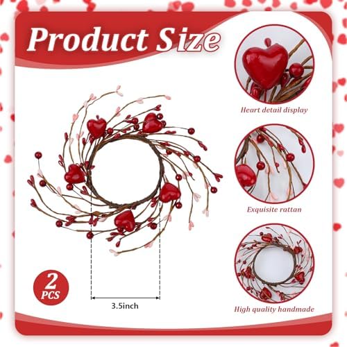 Daifunli 2 Pcs Valentine Day Candle Rings Heart and Red Berry Vintage Wood Wreath for Pillar 3.9 Inch Candles Holder for Valentines Day Table Centerpiece Wedding Kitchen Cabinets Rustic Table Decor - Image 3