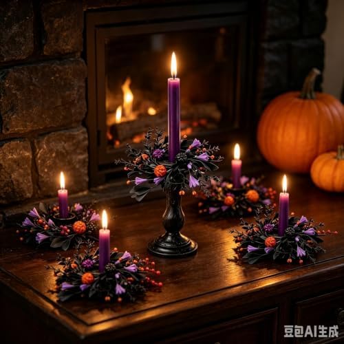 6 Pcs 1.38" Mini Halloween Taper Candle Rings Wreaths Small Artificial with Black Foliage Purple Blooms Orange Berries Pom Flowers Taper Candle Holder Wreath for Spooky Farmhouse Home Candlesticks - Image 2